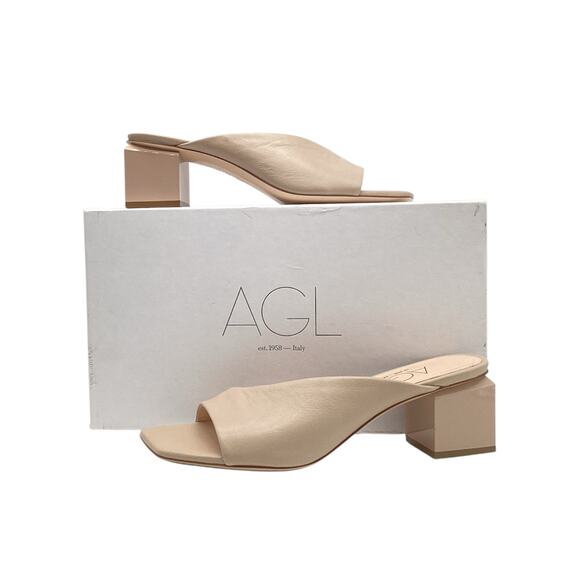AGL Sandals Women’s Size US 8.5 Angie Block Heel Asymmetrical Slide in Beige - Picture 1 of 5